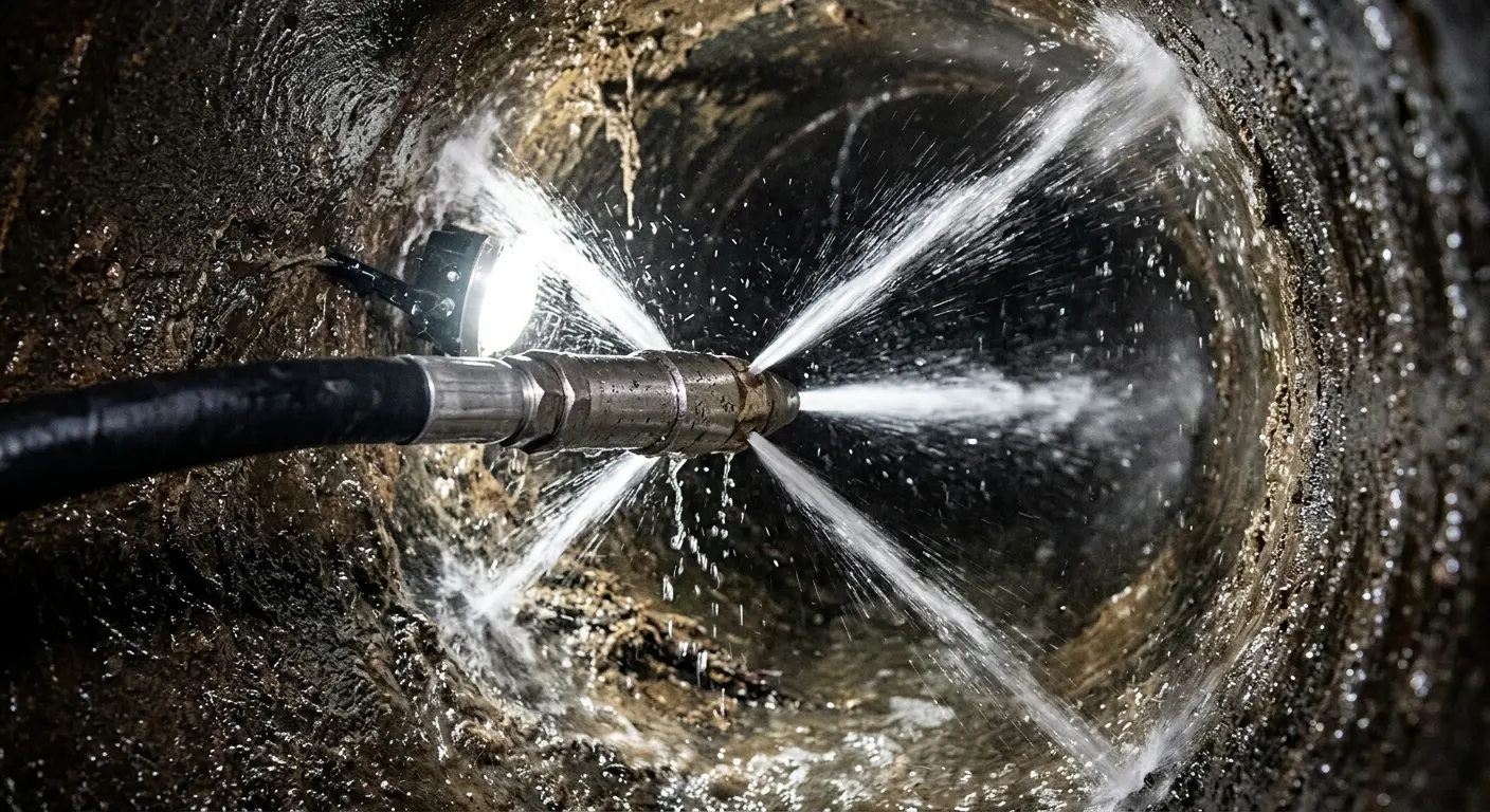 High-pressure hydro jetting nozzle cleaning sewer pipe for Sewer Cleanout in Sand Springs