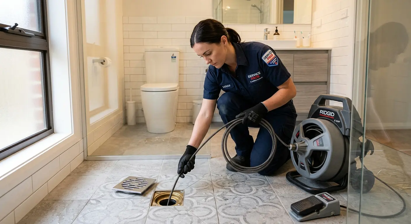 Technician clearing a bathroom floor drain for Sewer Line Replacement in Sand Springs